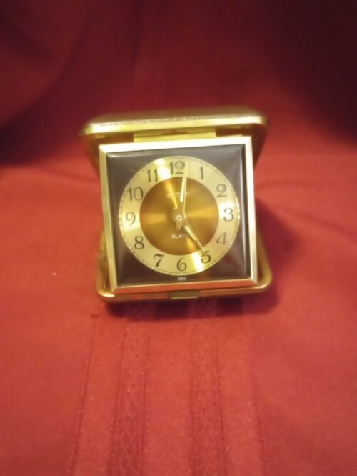 USED Linden TRAVEL Folding ALARM Clock BROWN & GOLD Wind-up WORKS