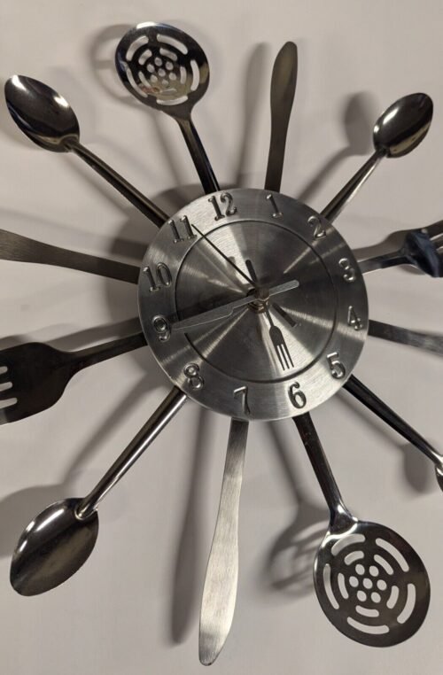 Utensils 13.5" Diner Wall Clock Silver Metal Forks Spoons & Knives