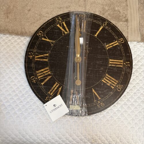 Uttermost 30 in Round Wall Clock 06029 Gold Accents Over Brown Plate Open Box