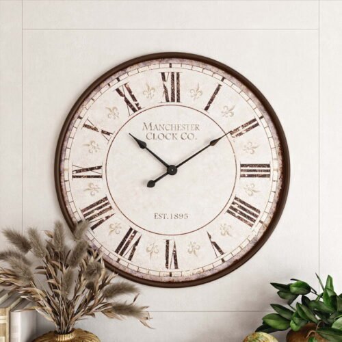 Valerie Large Round Wall Analog Clock Iron Frame Dark Brown Distressed Finish
