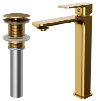Venda Single Handle Single Hole Vessel Bathroom Faucet with Matching Pop Up Drain in Gold image