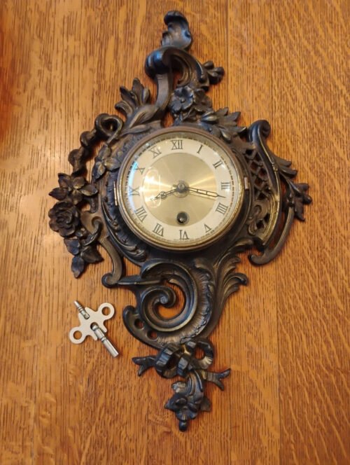 Very Nice Old Vintage Brass / Cast Wall Clock Made in Germany With key FREE SHIP