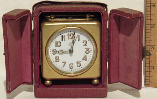 VERY RARE ANTIQUE JUNGHANS TRAVEL ALARM CLOCK in UNIQUE LEATHER FOLDING CASE