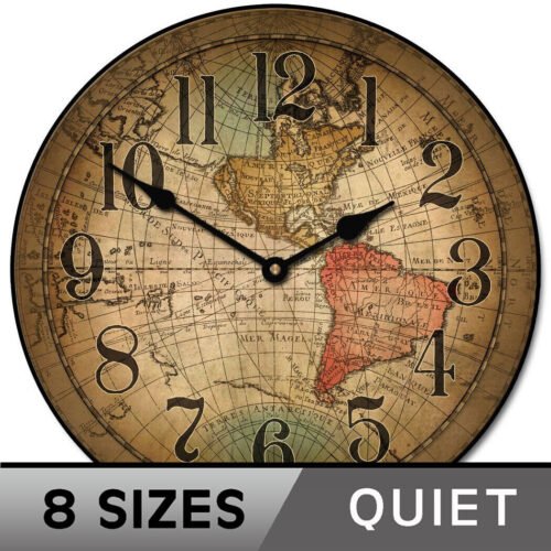 Vincenzo World Map Clock, large wall clock, Ultra Quiet, 8 sizes, Life Warranty