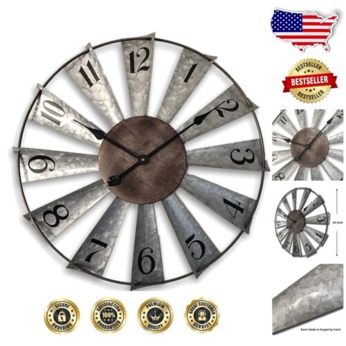 Vintage-Inspired 24 Inch Farmhouse Metal Clock - Wall Mount with Quiet Mechanism