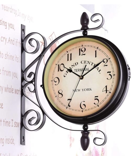 Vintage-Inspired Double Sided Hanging Wall Clock Wrought Iron Antique