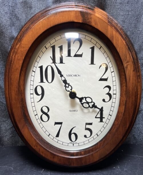Vintage - Verichron Solid Wood Oval Quartz Wall Clock, Mid Century, Domed Glass