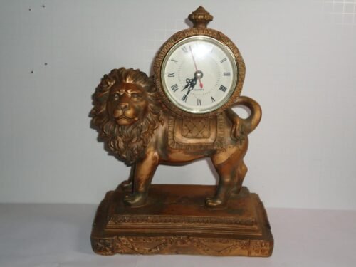 VINTAGE 10" QUARTZ LION MANTEL OR DESK CLOCK
