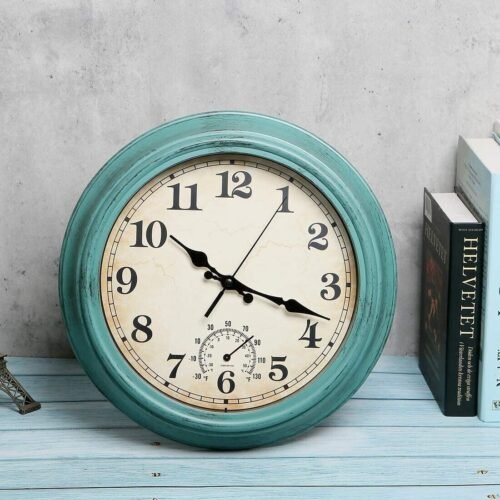 Vintage 12" Indoor/Outdoor Water Resistant Retro Wall Clock with Thermometer