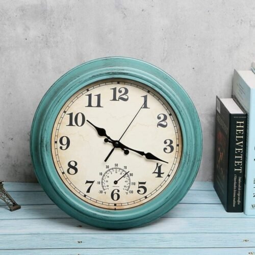 Vintage 12" Indoor/Outdoor Water Resistant Retro Wall Clock with Thermometer