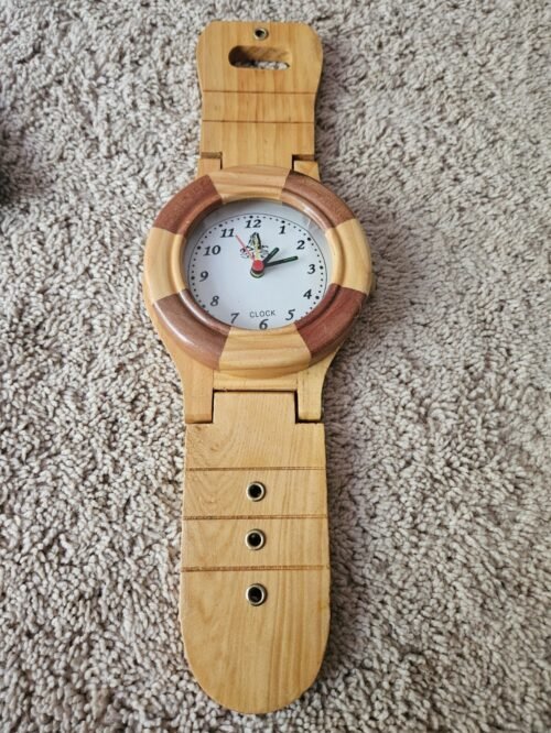 Vintage 14" Collectable Unique WOODEN WRIST WATCH CLOCK WALL or DESK POP ART