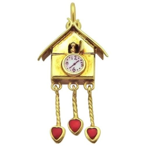Vintage 14K Gold Sloan & Co. Cuckoo Clock with Red Enamel Hearts 1930s
