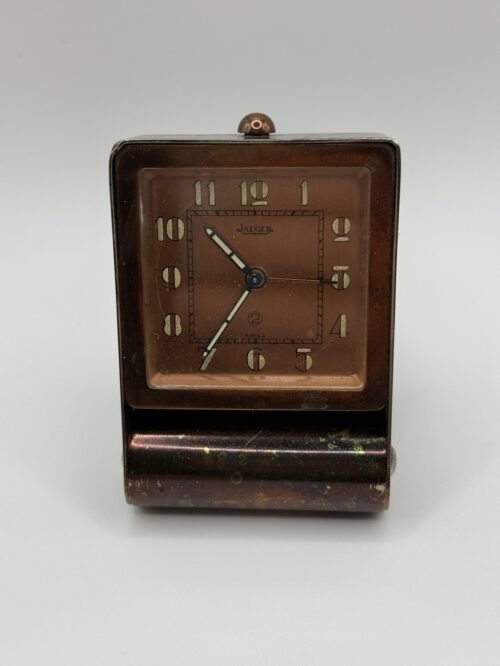 Jaeger Swiss Art Deco Travel Alarm Clock 1930s Copper Tone WORKS Vintage Folding