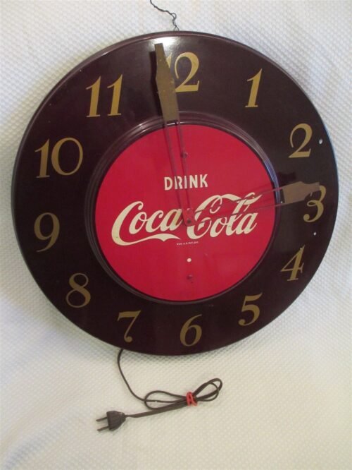 VINTAGE 1950's 18" DIAMETER COCA COLA HANGING METAL WALL SODA CLOCK WORKS