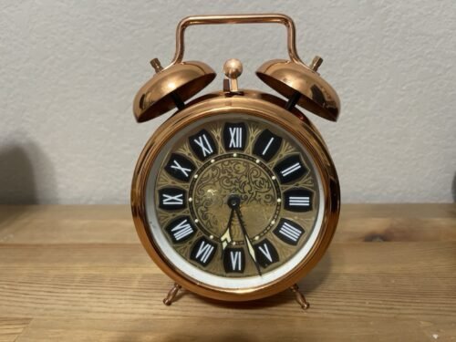 Vintage 1950s–70s Hungarian MOM Mechanical Twin-Bell Alarm Clock Copper Tone.
