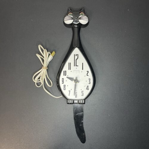 Vintage 1950s Spartus Here Kitty Kitty Cat Clock Eyes Blink Tail Wags - WORKS!