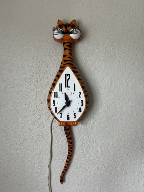 Vintage 1950s Spartus Orange Cat Clock WORKING TAIL AND EYES