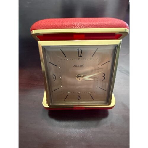 Vintage 1960's Ideal Travel Alarm Clock Red Leatherette Case Wind Up Desk Shelf