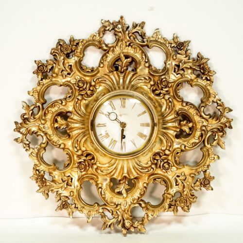 Vintage 1960s Syroco Ornate 8 Day Key Wind Wall Clock Gold Hollywood Regency