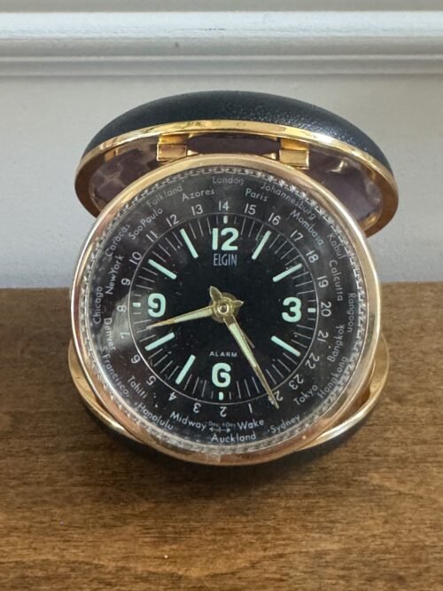 VINTAGE 1969 ELGIN DUEL TRAVEL ALARM CLOCK BLACK FACE LUMINOUS WORLD TIME CLOCK