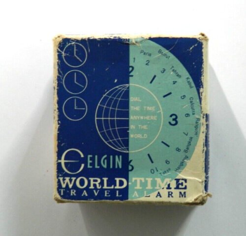 Vintage 1969 Luminous Elgin World Time Travel Alarm Clock in Original Case & Box