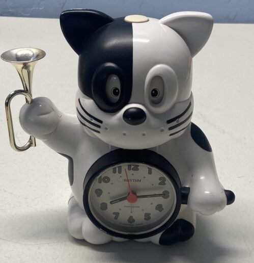 Vintage 1970’s Rhythm Rise And Shine Alarm Clock Cat W/Bugle Japan Works Great !