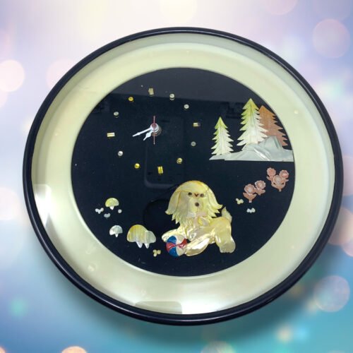 Vintage 1980s Artisan Mother of Pearl Dog Trees Mushroom Asian Kawaii Wall Clock