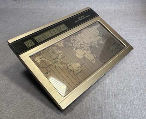 Vintage 1980's SEIKO World Time Touch Sensor Desk Clock. Gold Tone. WORKS!