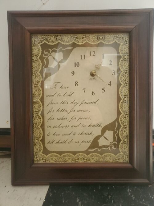 Vintage 1980s Wedding Wood Framed Quartz Wall Clock 16" X 13" Lace Vows Bells