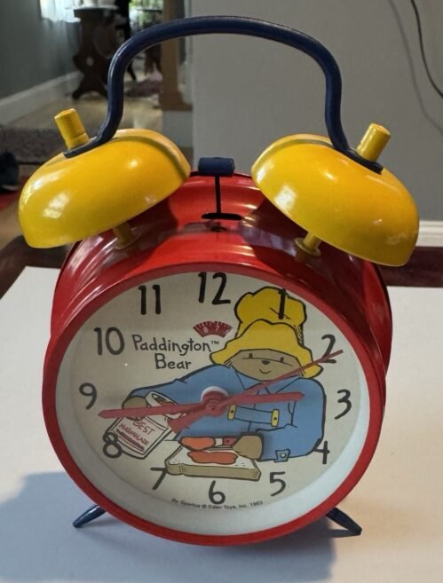 Vintage 1993 Paddington Bear Animated Kids Room Clock Double Bells All Metal