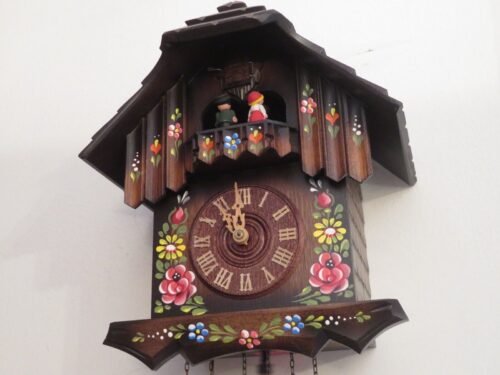 Vintage 1996 Schneider Cuckoo Clock German Brown Painted Flowers Chime