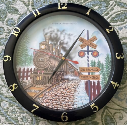 VINTAGE 1996 Train Wall Hanging Clock Hourly Sound Effects Tested Works 11 In.