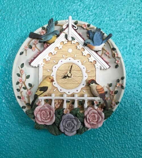 Vintage 1999 Country Wall Clock Bird House Picket Fence Birds Flowers Resin 3D