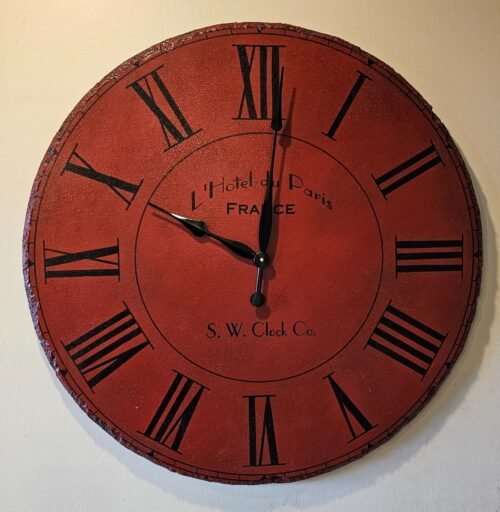 Vintage 30” Red-Cracked Wood Wall Clock by S.W. Clock Company – L’Hotel du Paris