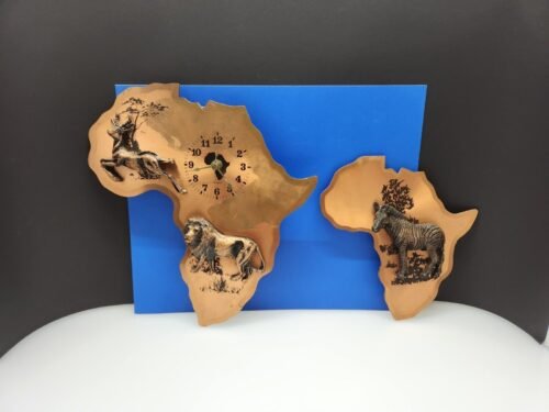 Vintage 3D Copper Art Safari Decor Wall Hanging Africa Clock 2 Pieces