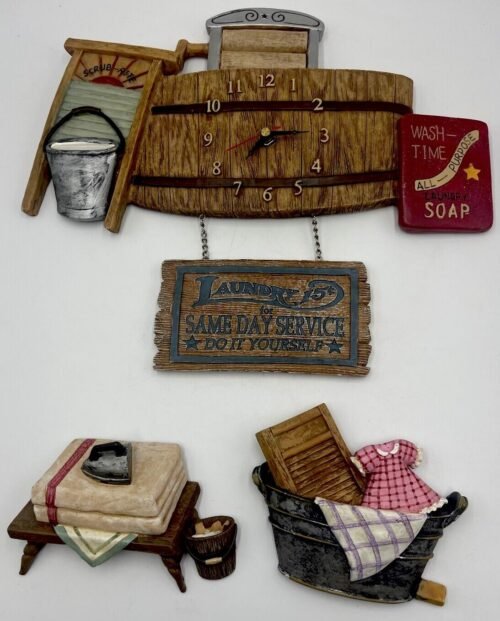 Vintage 3pc Laundry Room Hanging Wall Clock Art: Iron, Table, Wash Board & Tub
