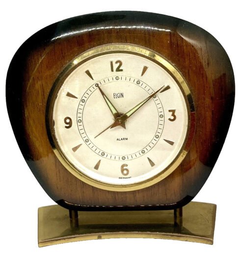 VINTAGE 4” MCM Wood & Brass ELGIN GERMANY Wooden Travel Desk Alarm Clock WORKING