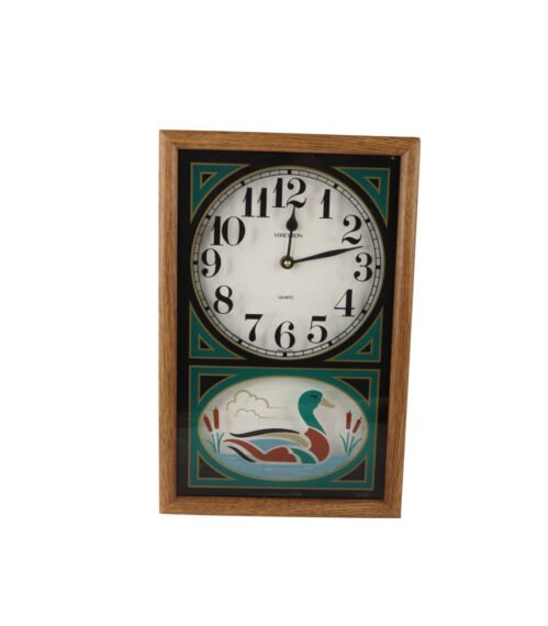 Vintage 70s Mid Century Modern MCM Wood Glass Duck Hanging Wall Clock Box USA