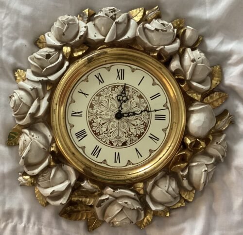 Vintage 70s Syroco Homco Gold Wall Clock Large White Ivory Roses 3D Shabby Chic