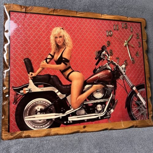 Vintage 80’s Harley Davidson Wooden Wall Clock Motorcycle Biker Girl WORKS