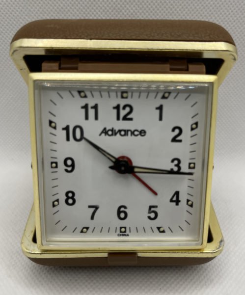 Vintage Advance Folding Small Travel Alarm Clock Brown Plastic Case Works