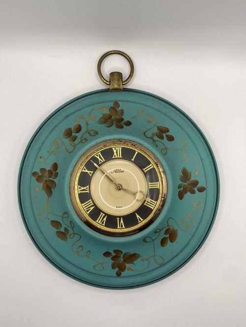 Vintage Alba 8 Day Wind Wall Clock - Turquoise Color With Gold Floral Painting