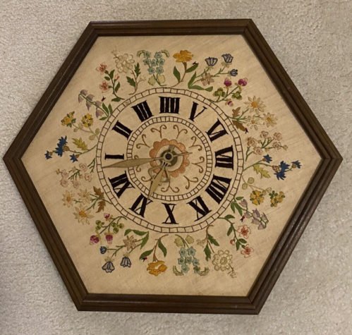 Vintage Americana Needlepoint Embroidery Wall Clock 15x15