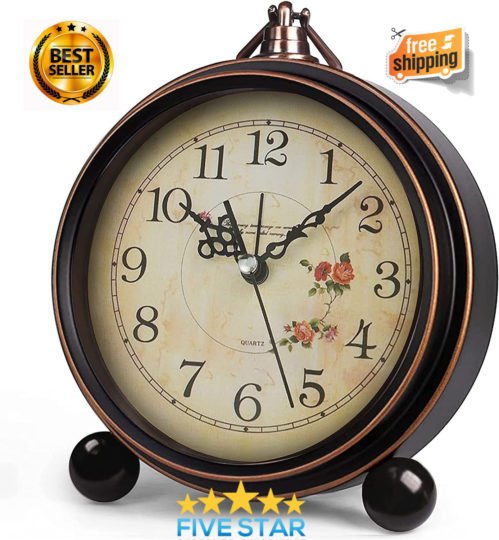 Vintage Analog Alarm Clock, 5.25 Inch Small Silent Desk Clock with Night Light,