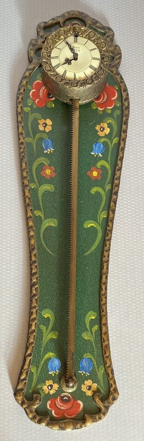 Vintage Anno 1750 Sawtooth Gravity Wall Clock Green Hand Painted Folk Floral 24"
