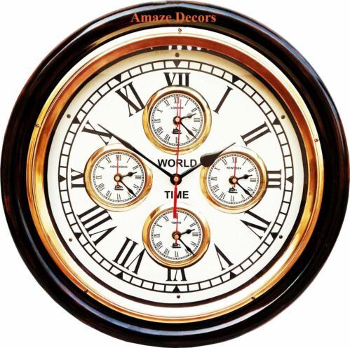 Vintage Antique Style Brass Wooden Nautical Home Décor Wall Clock World Time