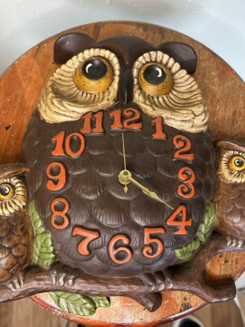 Vintage Arnels Large Ceramic Owl Family Tree Branch Wall Clock 1970s None Operat