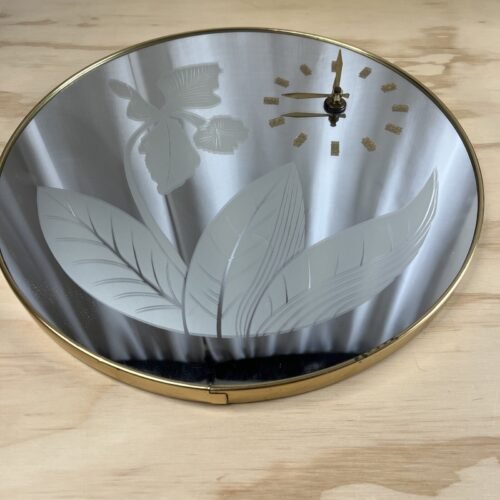 Vintage Art Deco Brass Round Floral Etched Mirror Wall Clock 15-1/2” Diameter