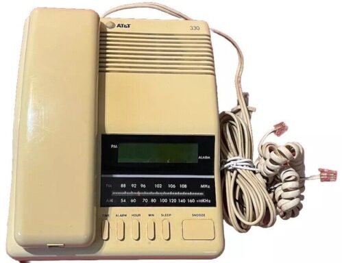 Vintage AT&T Model CRT 330 Desk Corded Telephone Digital Clock Alarm AM/FM Radio