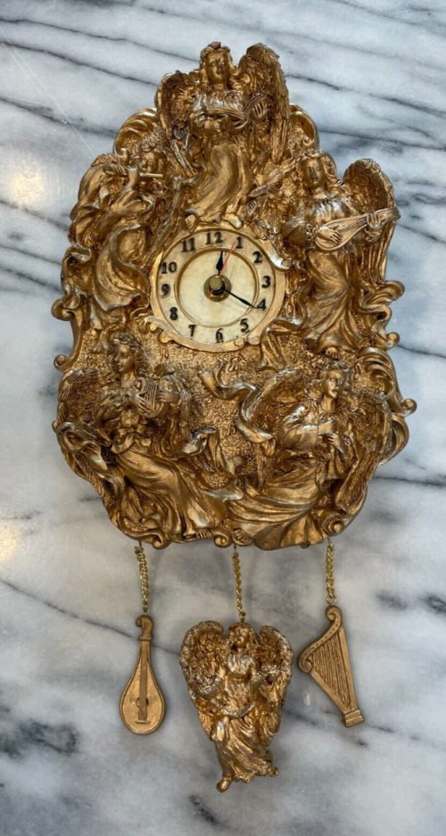 Vintage Battery Ornate Wall Clock Angels Cherubs Harps Gold Tone